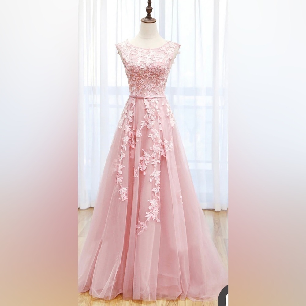 Kiss Prom Pink Tulle Lace Long Prom Dress, A Line Ooen Baxk size 4